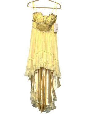 Mac Duggal Beaded Ruffle High Low Yellow Gown in Lemon Yellow Sizes 4 & 6